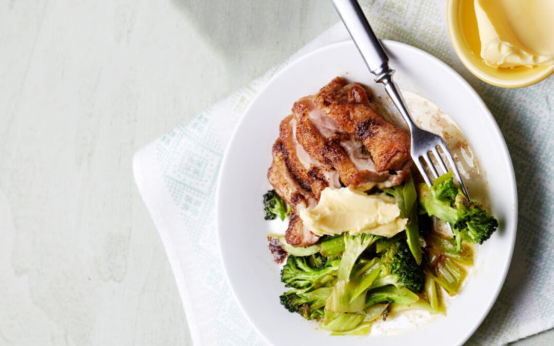 Keto fried chicken with broccoli and butter