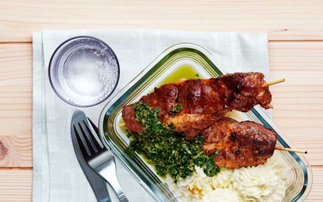 Pork Skewers with Cauliflower Mash and Salsa Verde