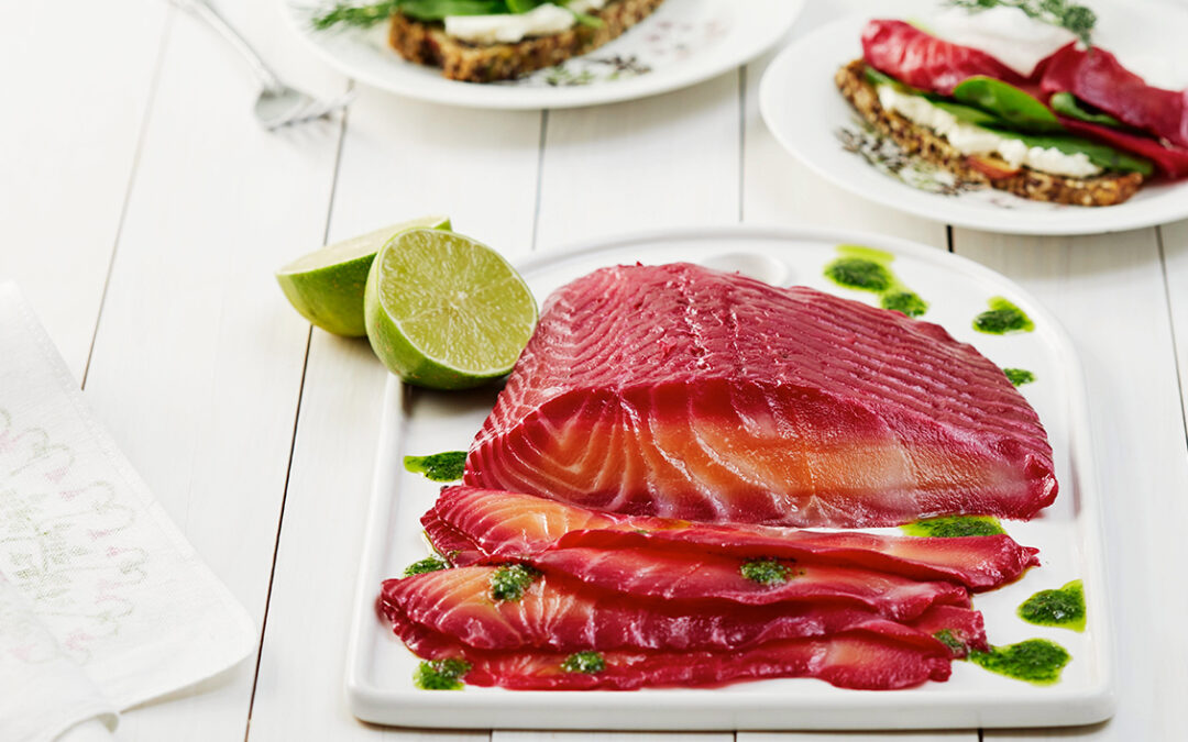 Beetroot-cured salmon with dill oil