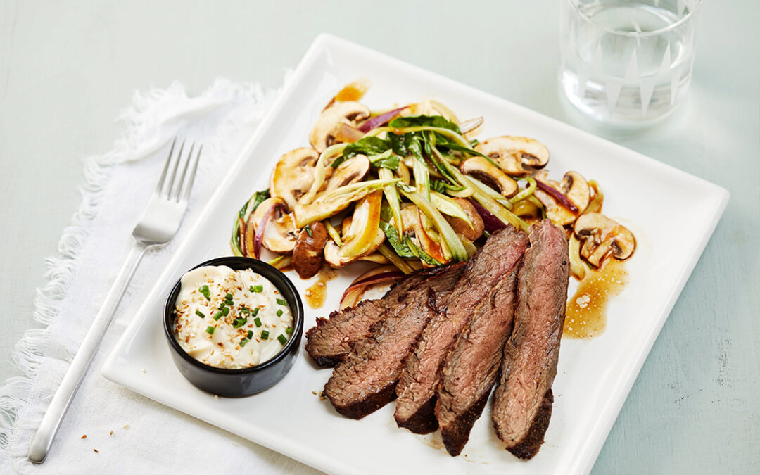 Flank steak with mushroom salad & sesame mayo