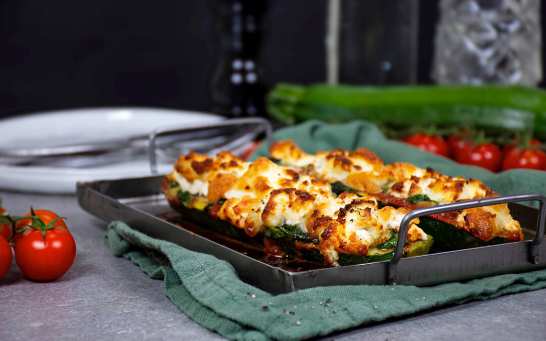 Keto zucchini pizza boats with goat cheese