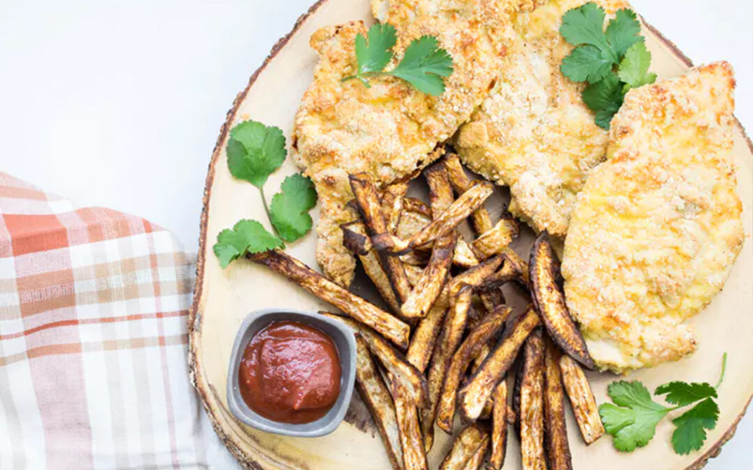 Low-carb chicken Milanese with turnip fries