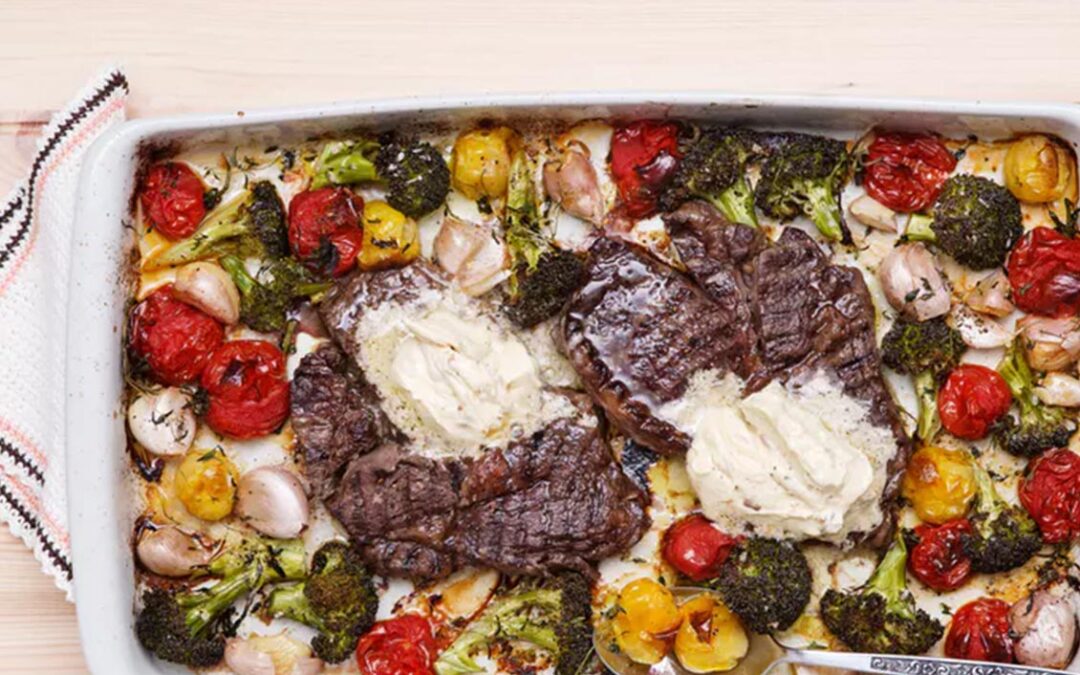 Keto ribeye steak with oven-roasted vegetables