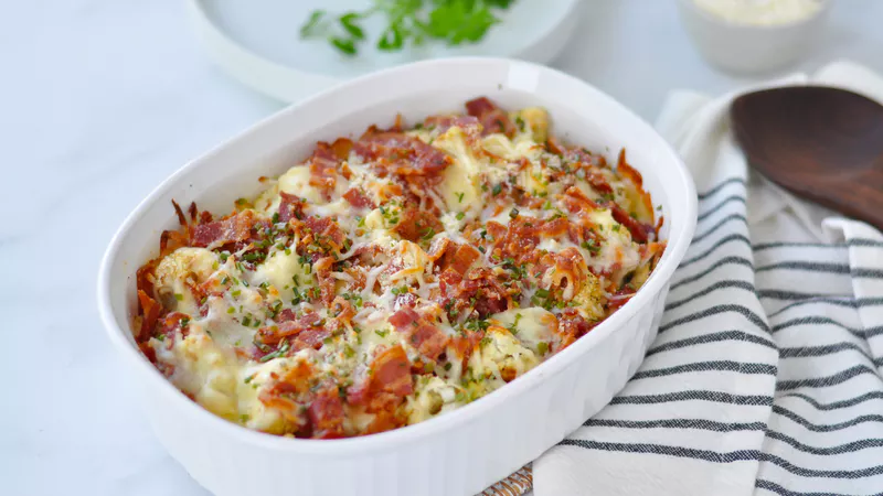 Garlic and herb cauliflower mac and cheese with bacon