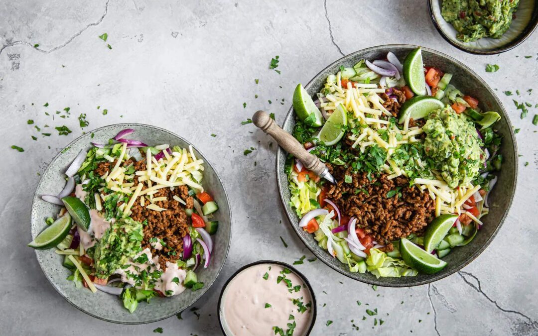 Keto Taco Salad with Salsa Dressing and Guacamole