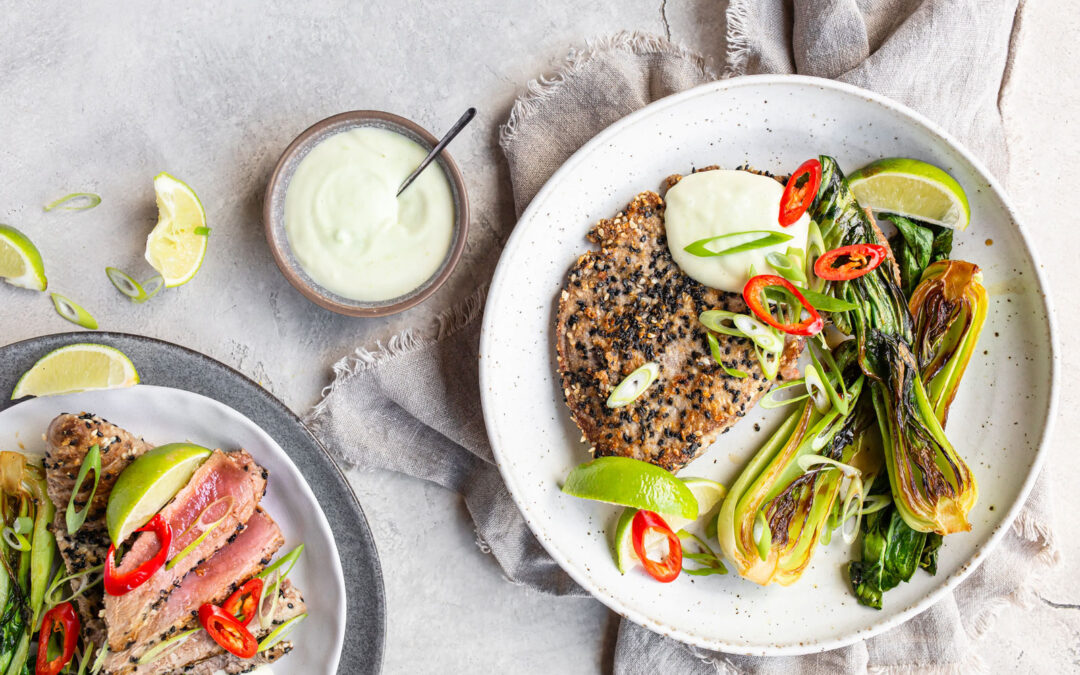 Sesame-crusted tuna steaks with wasabi mayo and bok choy