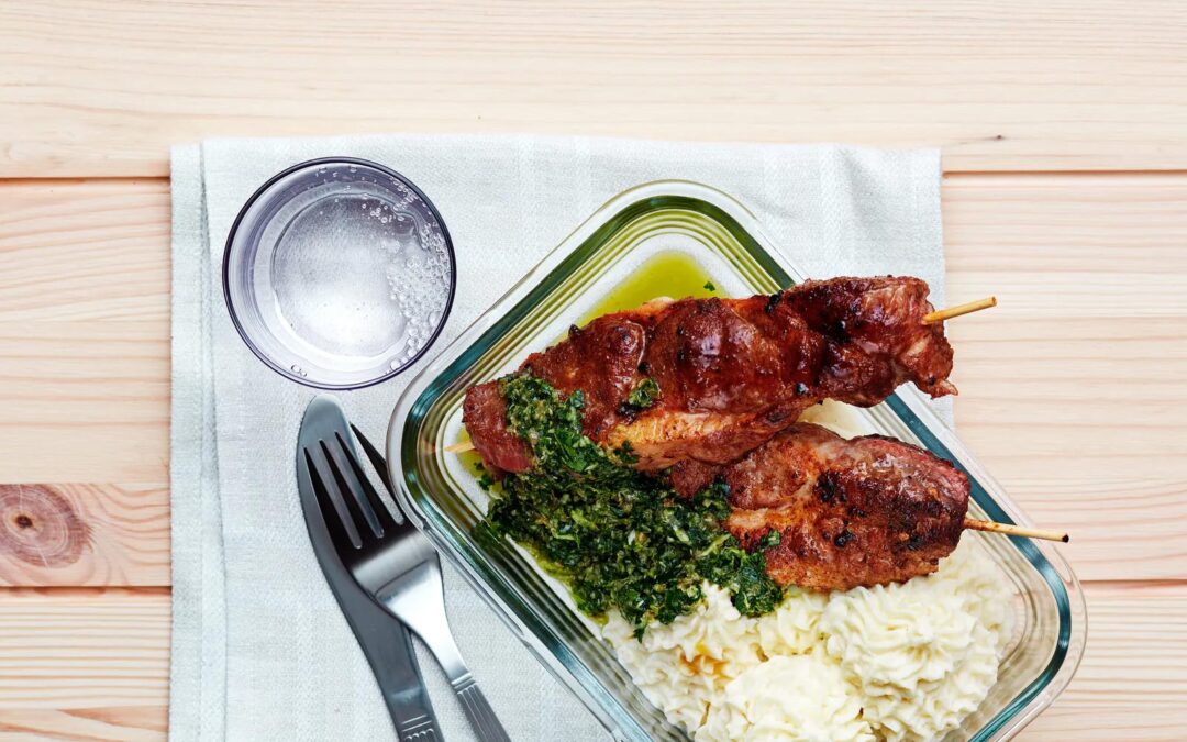 Keto pork skewers with mash and chimichurri