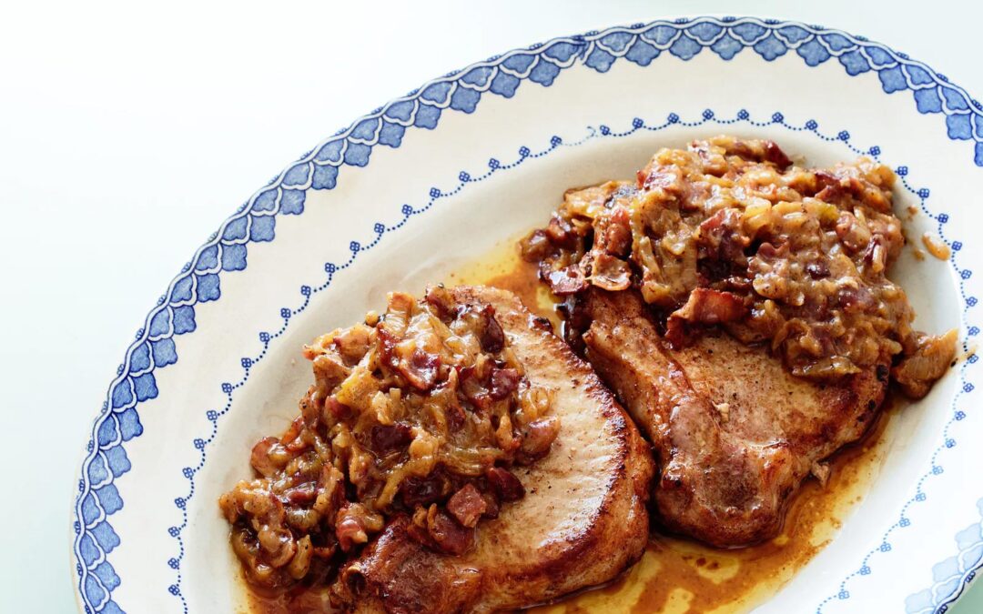 Caramelized onion and bacon pork chops