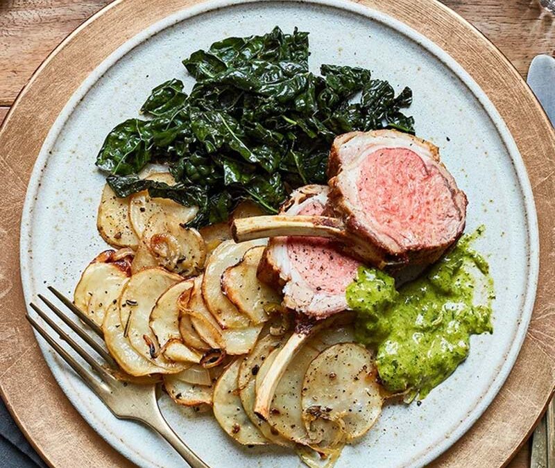 One-pan Roast Rack of Lamb & Green Olive Potatoes