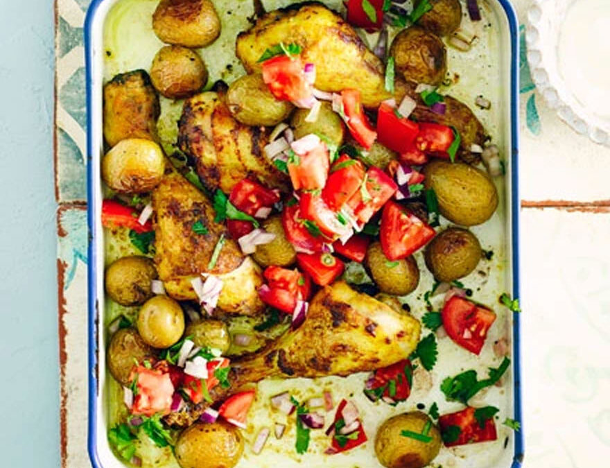 Curried chicken & new potato traybake