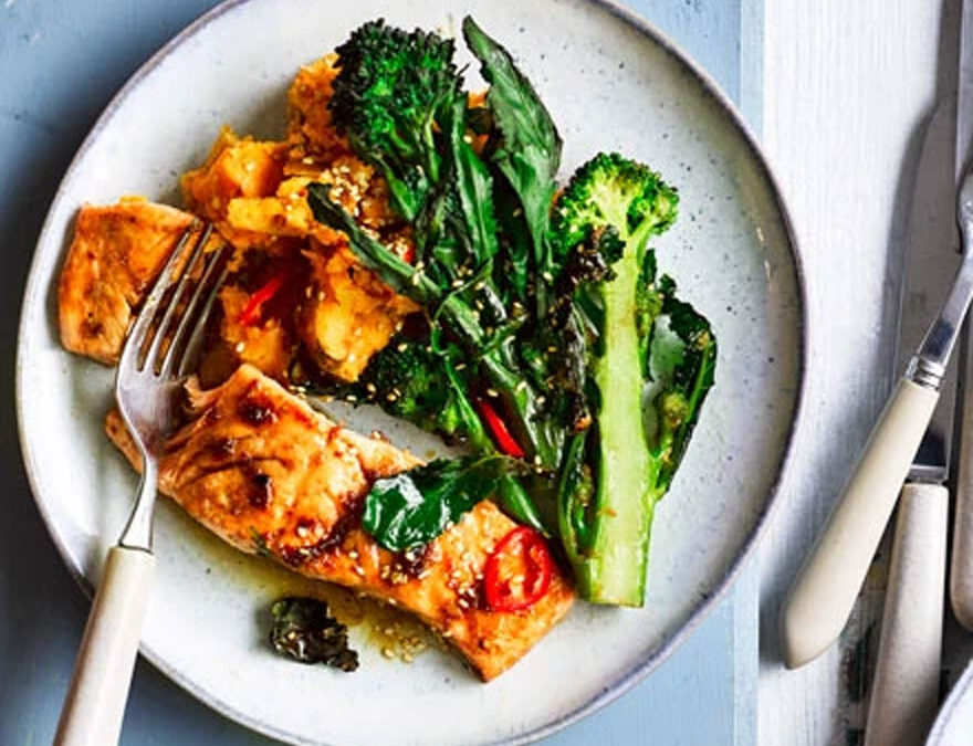 Sesame salmon, purple sprouting broccoli & sweet potato mash