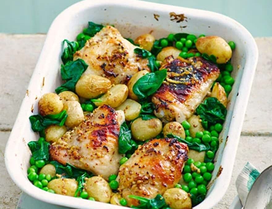 Honey & mustard chicken thighs with spring veg